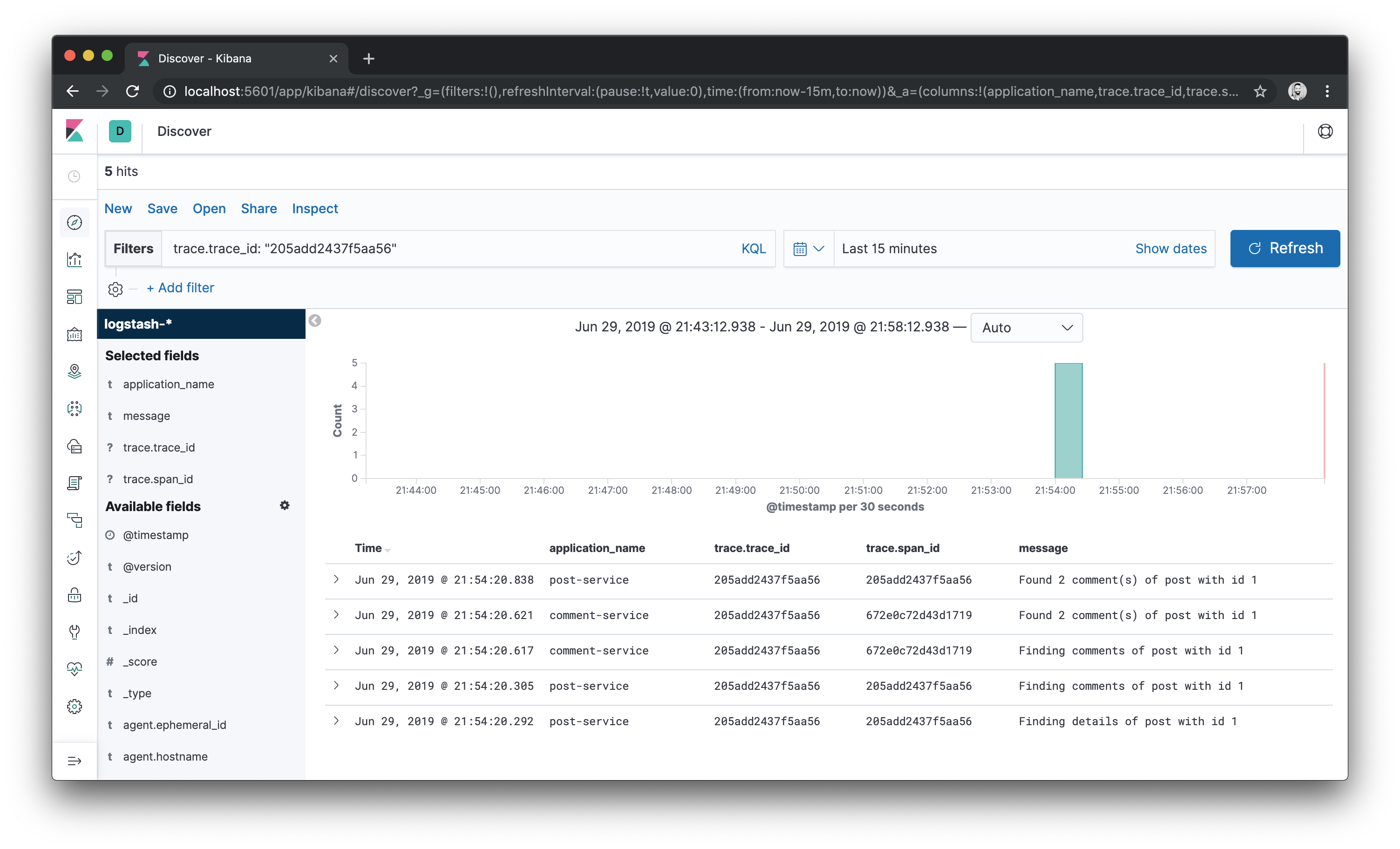 Filtering logs by trace id